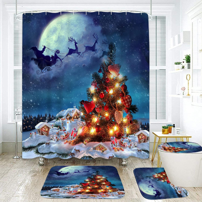 4-Piece Shower Curtain Christmas Tree Blue Christmas Elderly Non-Slip Carpet Toilet Cover Bathroom Mat Bathroom Decoration Set