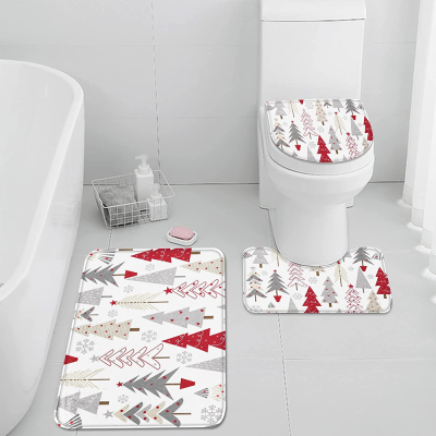 3-Piece Set, Bathroom Carpet Non-Slip, Christmas Tree Red Graffiti Holly Absorbent Bath Mat Machine Washable Bathroom Mats
