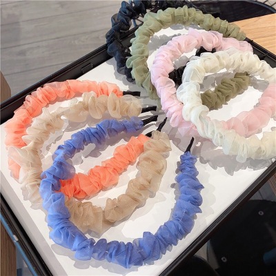 Korean New Mesh Pleated Headband Solid Color Temperament Wild out Organza Pleated Super Fairy Hair Band Women