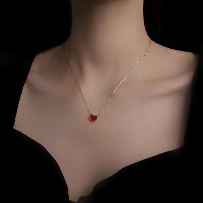 Double-Sided Little Red Heart Necklace Design Simple White Necklace Love Ins Internet Celebrity Titanium Steel Clavicle Chain Female