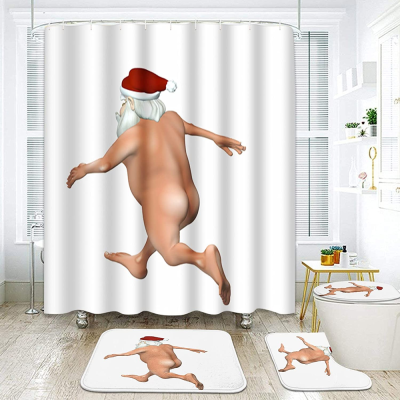 4-Piece Shower Curtain Set Santa Claus Red Non-Slip Carpet Toilet Cover and Bathroom Mat Bathroom Decoration Set