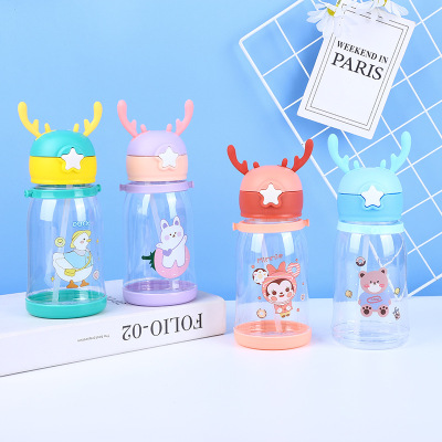 Online Celebrity Live Children Cartoon Straw Cup Strap Boys and Girls Antler Cup Creative Plastic Water Cup Custom Wholesale