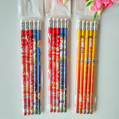 5 PCs a Pack of HB Pencil Writing Implement Student Cartoon Belt Rubber Pencil Yuan Department Store