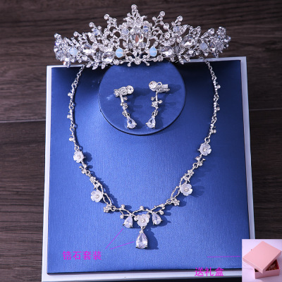 Bridal Headdress New Crown Necklace Earrings Zircon Three-Piece Set Wedding Hair Accessories Princess Birthday Crown Hair Accessories