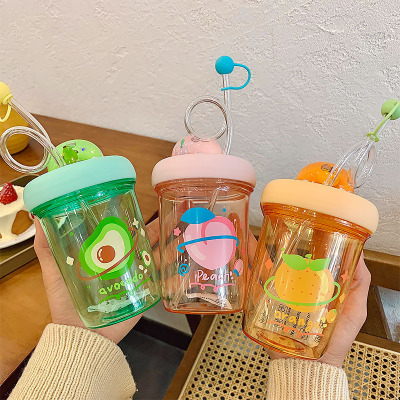 Fruit Landscape Rotating Plastic Cup Mori Style Portable Student Cartoon Ins Cup with Straw Internet Celebrity Children's Cups Men and Women