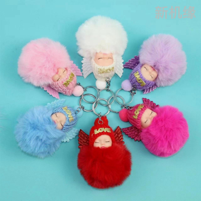 Cute Sleeping Doll Fur Ball Angel Imitation Rex Rabbit Plush Doll Keychain Women's Bag Pendant Wholesale