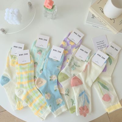 Flower Socks Women's Mid Tube Stockings Summer Thin Ins Trendy Cotton Korean Japanese Cute Mesh Summer Stockings