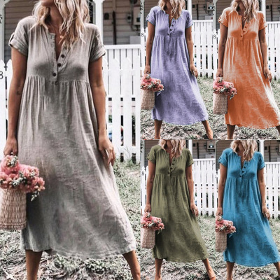 Spot Amazon EBay Popular European and American Women's Clothing Solid Color Short Sleeve round Neck Dress Long Dress Om8893