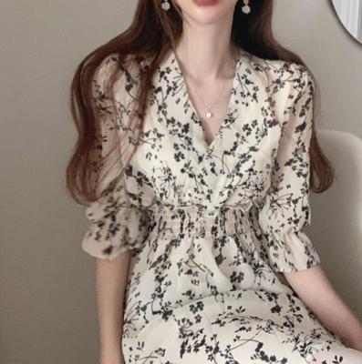 Now Elegant Floral Dress 2022 Spring and Summer New Elegant V-neck Waist-Controlled Slimming Chiffon Short Sleeve Women's Clothing Slim Fit