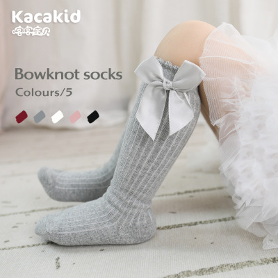 Girls' Bowknot Tube Socks Spring and Summer New Pure Color Bubble Mouth Cotton Socks Children's Socks Wholesale