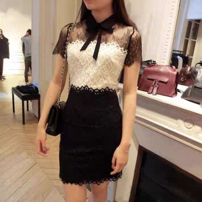 French Single S Home 2020 Summer Same Style as Tiffany Tang Bow Hollow Black and White Color Stitching Turnover Neck Lace Dress