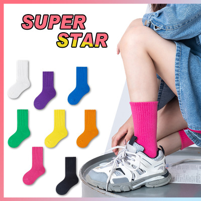 Girls' Socks Spring Ins Candy Color Combed Cotton Children Bunching Socks Cartoon Solid Color Double Needle Children's Tube Socks