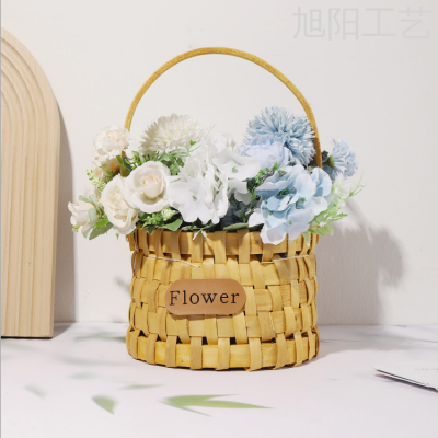 Wood Piece Storage Flower Pot Flower Basket Hand Gift Flower Arrangement Hand-Woven Basket Woven Blue Basket