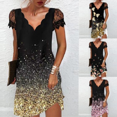 2022women's Cross-Border New Arrival Dress Positioning Printed Sequined Wave V-neck Mid-Waist Lace Short Sleeve A- line Skirt