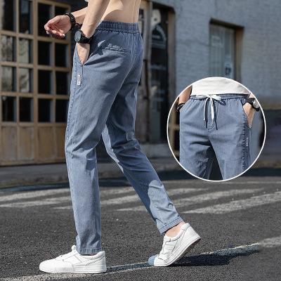 Denim Trousers Men's Tencel Summer Thin Slim-Fit Tops for Summer Boys Pants Trendy Brand Ice Silk Trendy Men's Casual Pants