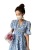 Zhihetang French Style Blue Floral Dress Women's Summer Puff Sleeve V-neck Skirt Cinched Slimming Long Dress