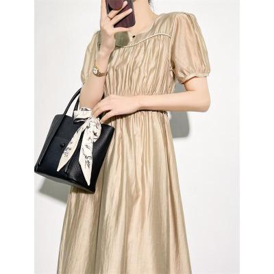 Hoo Solid Color Dress Korean Style Tight Waist Tencel Pleated Slim-Fit Temperament Long Dress Hangzhou 2022 Early Summer New Women