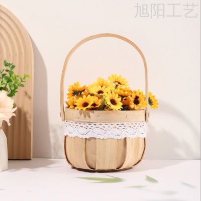 Wood Piece Storage Flower Pot Flower Basket Hand Gift Flower Arrangement Hand-Woven Basket Woven Blue Basket