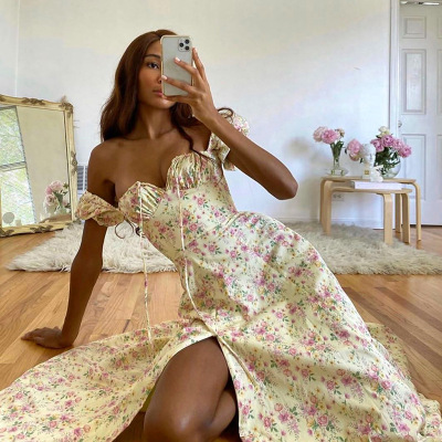 2022 New Women's Summer Top-Selling Product Fashion Puff Sleeve Floral Tie-Neck High Slit Long Dress Women's Dress Summer