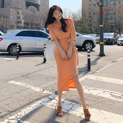 Korean Dongdaemun Summer Women's Clothing Small Women's Elegant Belt Split Short Sleeve Solid Color Slim Dress
