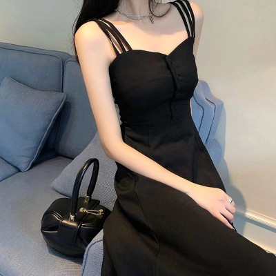 Elegant Black Dress 2022 Summer New Retro Hepburn Style Waist-Tight Slimming and Shoulder Hollow Suspender Dress