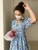 Zhihetang French Style Blue Floral Dress Women's Summer Puff Sleeve V-neck Skirt Cinched Slimming Long Dress