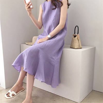 1102 Korean Dongdaemun New Taro Purple Linen Dress Casual Sleeveless Loose Slimming Fishtail Cotton and Linen Skirt