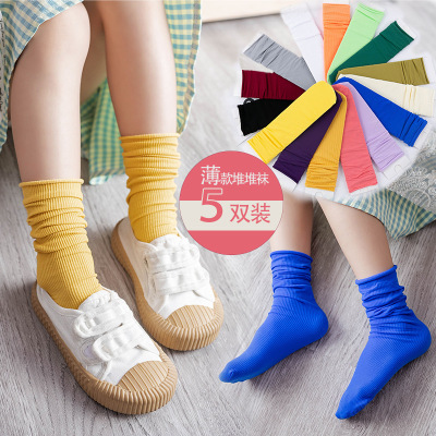 Solid Color Children's Bunching Socks Girls' Thin Velvet Korean Ice Socks Spring and Summer Big and Small Children Candy Color Stockings