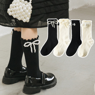 Pearl Girls' Socks Cute Japanese Style Children's Tube Socks Spring and Autumn Girl Lace Bunching Socks Lolita Princess Socks