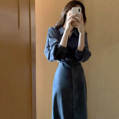 2022 Spring New Korean Style Retro Temperament Waist-Controlled Slimming Shirt Dress Women French Style Young Overknee Dress
