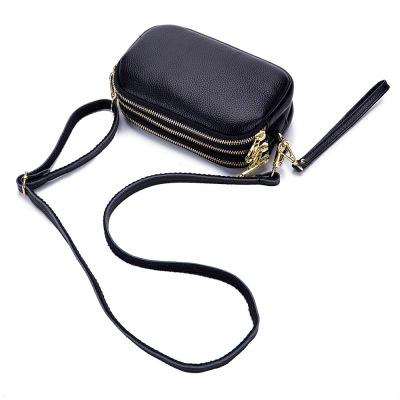 Genuine Leather Three-Layer Zipper Crossbody Bag Versatile Women's First Layer Cowhide Leather Single-Shoulder Bag Middle-Aged Mom Mobile Phone Bag Commuter