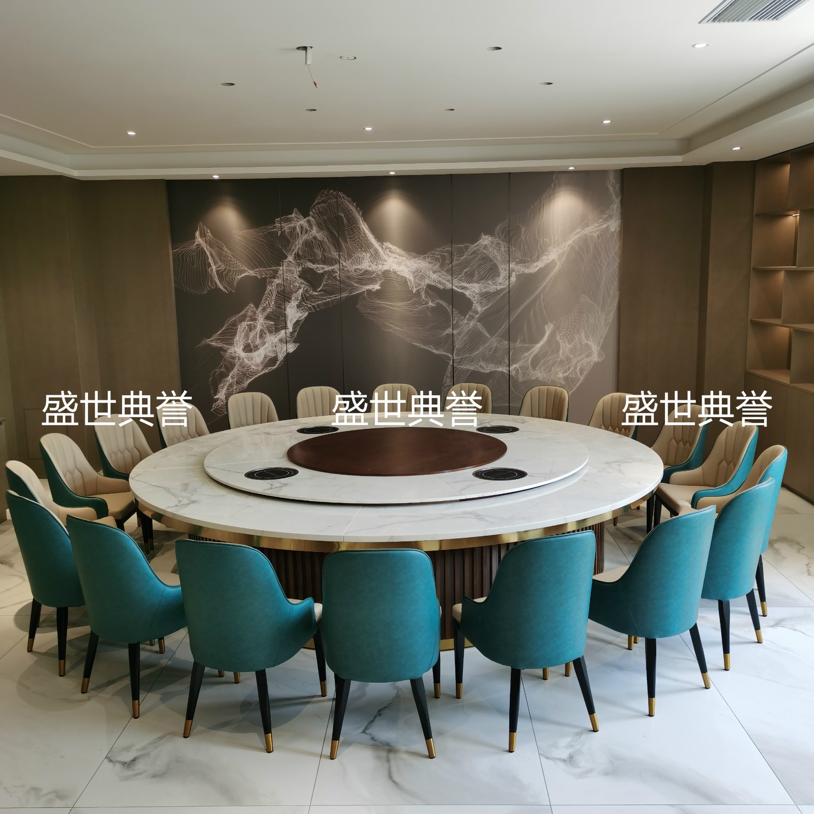 南京度假酒店10-30人电动餐桌椅会所现代轻奢大理石电动转盘餐桌