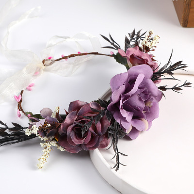 European and American Style Baroque Vintage Artificial Wreath Bridal Headdress Purple Lace-up Photo Headband Handmade Rattan Hair Accessories