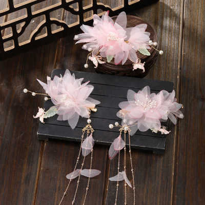 Fashion Super Fairy Antique Style Women's Metal Long Fringe Light Pink Grenadine Headdress Simple Barrettes Three-Piece Set