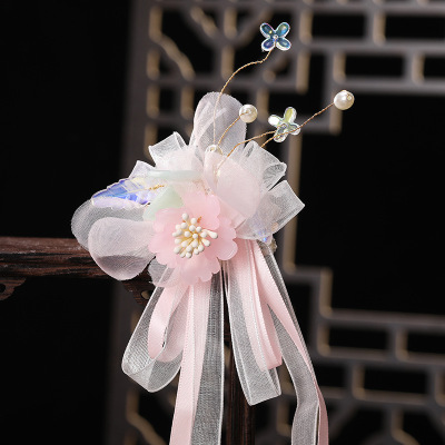 Fashion Ancient Style Women's Long Fringe Ribbon Hanfu Decoration Accessories Solid Color Glaze Flower Yarn Pulling Barrettes Back Pressure