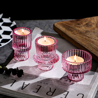 LD Vertical Stripes Pink Amber Dual-Use Candlestick Glass Candlestick Cup Candle Cup Household Candlestick Ornaments