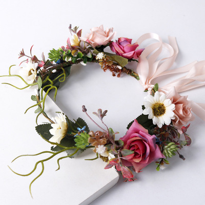 New Bridal Wreath Artificial Rose Rattan Ribbon Mori Style Princess Headband Handmade Headdress Flower Travel Memorial