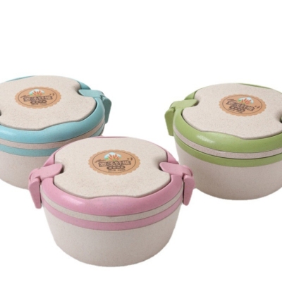 T07-8146 Wheat Straw Lunch Box Plastic round Hand Environmental Protection Double Layer Lunch Box (Free Plastic Spoon)