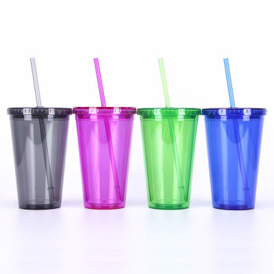 Cross-Border Straw Cup Clear with Cover Milk Tea Cup Household Coffee Cup Double-Layer Plastic Cup Beverage Water Cup Wholesale