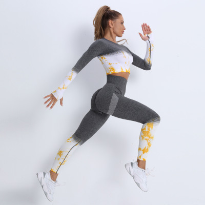 In Stock! New Seamless Tie-Dye Long-Sleeve Suit Sports Fitness Clothes Women's Gradient Hip Lifting Yoga Suit