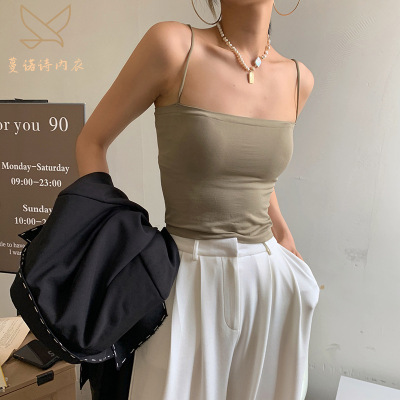 Hot Girl All-Match Solid Color Camisole Women's One-Piece Chest Pad Spaghetti Strap Slim Looking Base Tube Top Tops Outerwear Tide
