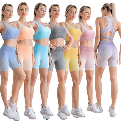 2021 AliExpress Amazon Foreign Trade New Yoga Wear Suit Women's Gradient Hanging Dyed Seamless Knitted Sports Bra
