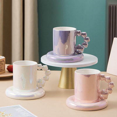 Pearlescent Glossy Coffee Cup Mug Dish Light Luxury Good-looking Colorful Pearlescent Ceramic Coffee Tea Cup