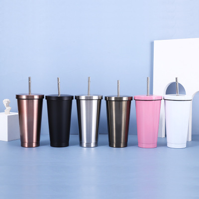 New Creative Stainless Steel Large Capacity Cup with Straw Vacuum Coffee Cup Leisure Water Cup Heat Preservation Cup Customizable Logo