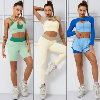 2022 New Candy Color Fake Two Pieces Color Contrast Patchwork Seven-Piece Yoga Clothes Training Running Sports Fitness Clothes for Women