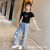 Girls' Summer Suits 2022 New Arrival Medium and Large Girls Western Style Wide-Leg Jeans + Loose Top Two-Piece Set