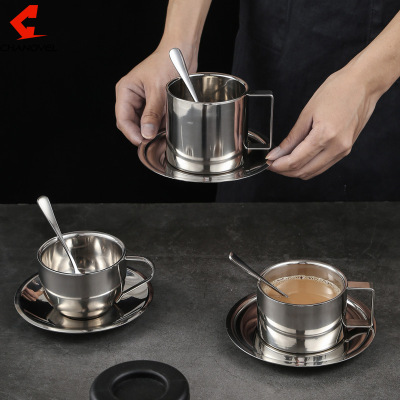 304 Stainless Steel European-Style Hotel Coffee Cup Set Double-Layer Heat Insulation Creative Mug Milk Cup Three-Piece Set