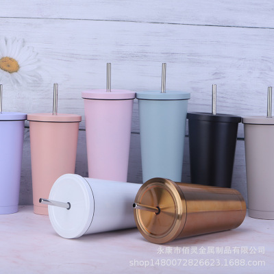 Supply Double 304 Stainless Steel Cup with Straw Vacuum Insulation Vacuum Cup Business Office Handy Coffee Cup Wholesale