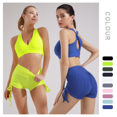 European and American 2022 Summer Yoga Clothes Bubble Sports Suit Women's Bra Top Workout Underwear Yoga Shorts Wholesale