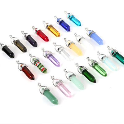 Hot Sale Hexagon Prism Bullet Pendant Colored Glaze Glass Necklace Foreign Trade Hot-Selling Ornament Wholesale